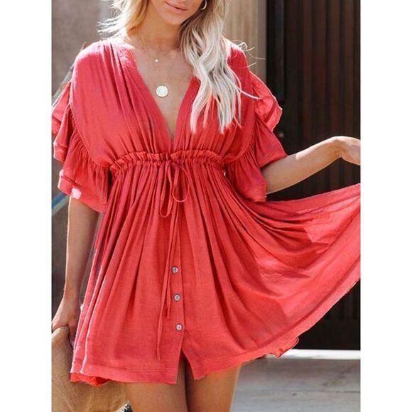 Everyday the Label Drawstring Ruffled Half Sleeve Mini Dress Women Deep Red - Picture 2 of 4